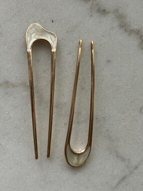 Gold-Tone Mother-of-Pearl Hair Fork Pair - Cream and Gold Hair Accessories